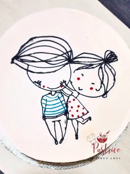 A minimalist mocha cake with a cute, hand-drawn couple, perfect for a sweet and simple celebration.