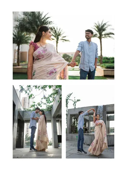 A collage from a modern pre-wedding shoot, showing the couple sharing a dance and a quiet moment. The clean lines and contemporary setting give these photos a fresh feel.