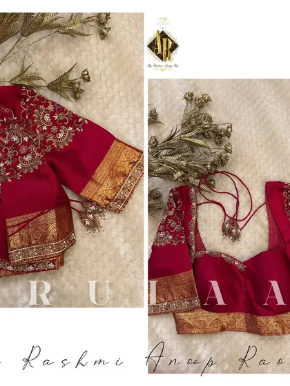 A classic red blouse with beautiful paisley motifs on the sleeves. The saree's original zari border is used at the cuff, and the blouse is finished with custom latkans.