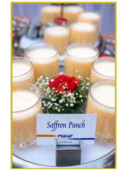 Introducing the "Saffron Punch," a unique and aromatic mocktail that awakens the taste buds. Its creamy texture and rich saffron flavor provide an unforgettable experience.