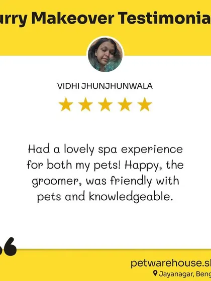 Vidhi highlights the lovely spa experience her pets had and the friendly, knowledgeable service from our groomer, Happy. We love pampering multiple pets from the same family.
