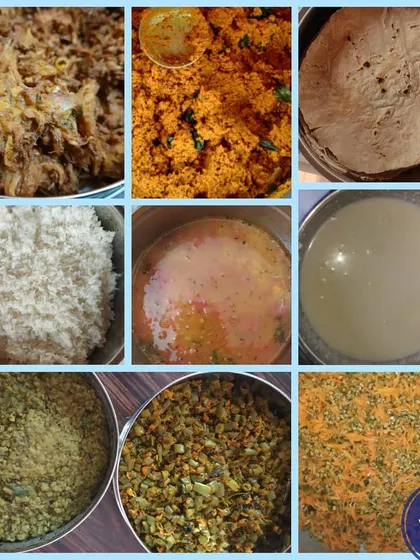 This is a glimpse into a special lunch order for 35 people. It includes a variety of dishes like Jolada rotti, Erulli bhaji (onion fritters), different palyas, and rice, showcasing the range of items I can prepare for your gatherings.