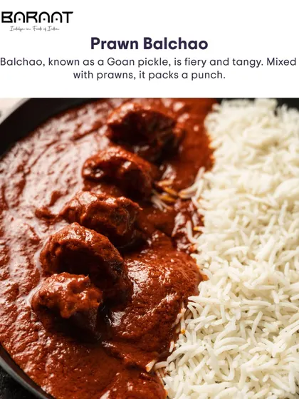 This Prawn Balchao, served with steamed rice, is a perfect example of the bold flavors of Goan cuisine.