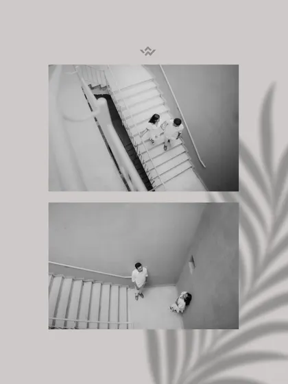A black and white collage showing a couple on a staircase from a high angle. This architectural perspective adds a modern and artistic touch.