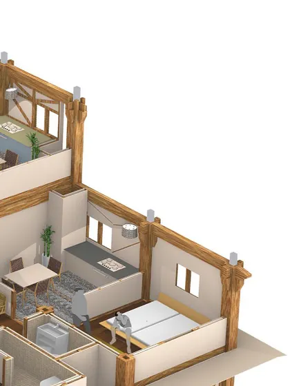 A detailed cross-section of a timber apartment concept. This visualization helps me study the structural system and interior space planning, ensuring every design is both technically sound and highly livable.