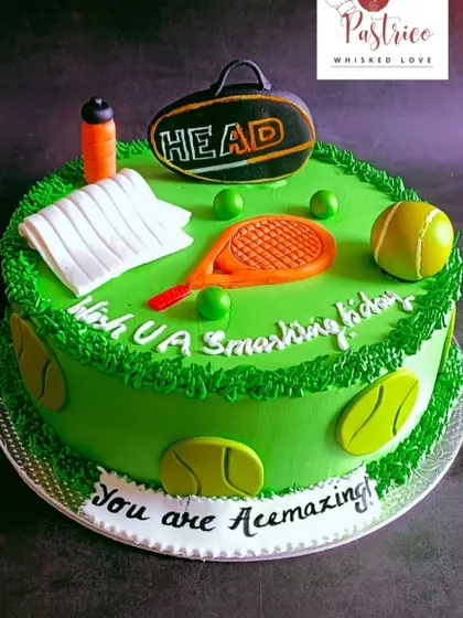 A lawn tennis-themed cake that's an "ace" for any tennis fan, complete with a racket, balls, and a net.