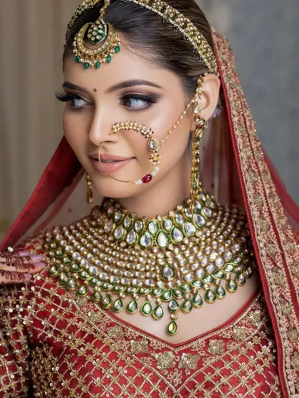 A side profile that highlights the beautiful contouring and the stunning details of her nose ring and earrings.