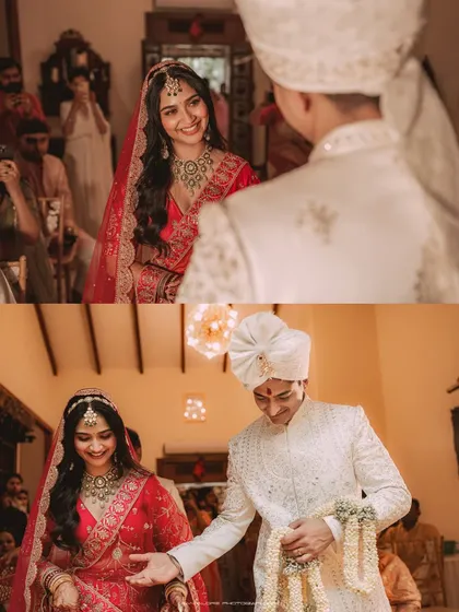 A collage showing the bride's joyful reveal to the groom during the ceremony. These sequential shots capture the anticipation and happiness of a pivotal wedding moment.