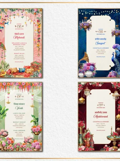 This collection shows how we translate the decor and theme of each wedding event into a unique invitation card. From a vibrant Mehendi to a royal blue Sangeet, each design provides a beautiful preview of the celebration to come.