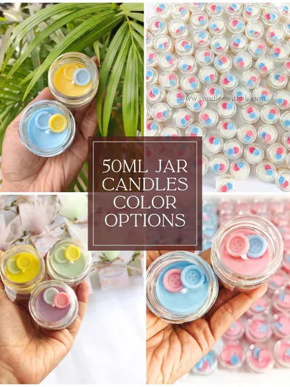 A showcase of the color options available for our 50ml jar candles with cute button toppers, ideal for baby-themed events.