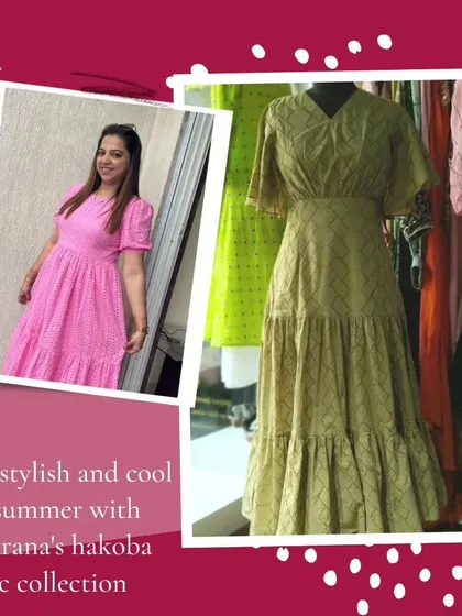 This graphic highlights my summer collection featuring Hakoba fabrics. These lightweight and breathable fabrics are perfect for creating stylish and cool outfits, like the pink and olive green dresses shown here.