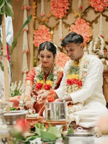 A traditional Chettinad house offers a story in every corner. We designed this courtyard wedding to honor its cultural beauty, using classic flower arrangements and brass elements to create an authentic and intimate ceremony space.