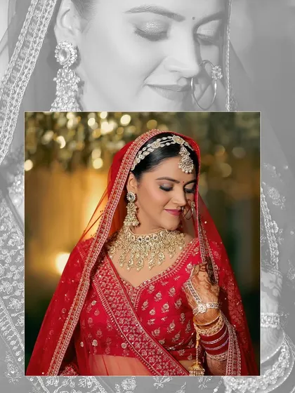 A creative bridal portrait using a black and white overlay. This modern editing style highlights the bride's features and the texture of her jewelry.