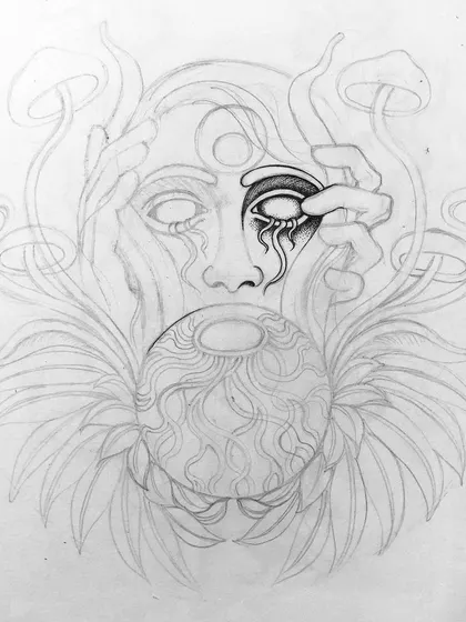An early inking stage of the surreal sticker design.