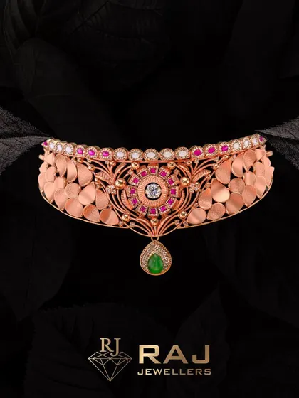 This breathtaking rose gold choker from our Revaj collection is a masterpiece of design. The wide band features intricate floral patterns, accented with rubies and a row of green stones, perfect for adding a touch of glamour to your every moment.