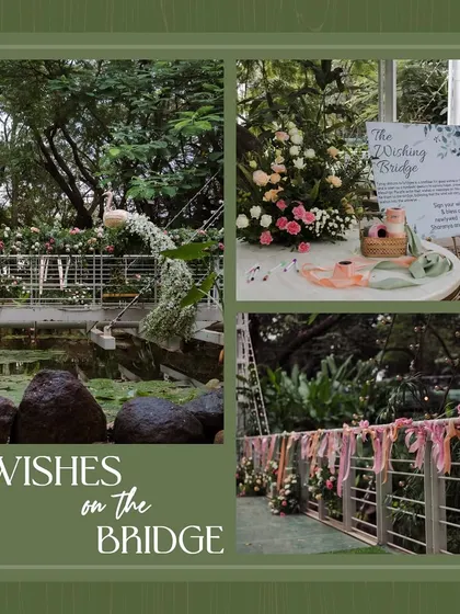 This collage details the 'Wishes on the Bridge' activity, where guests could tie ribbons with their blessings for the couple, inspired by the European tradition of love locks.
