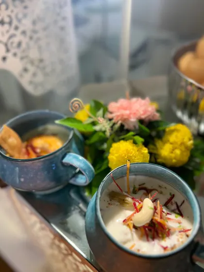 A modern presentation of classic chaat. Here, I serve different chaat varieties in elegant ceramic mugs, making it easy for guests to enjoy while mingling.