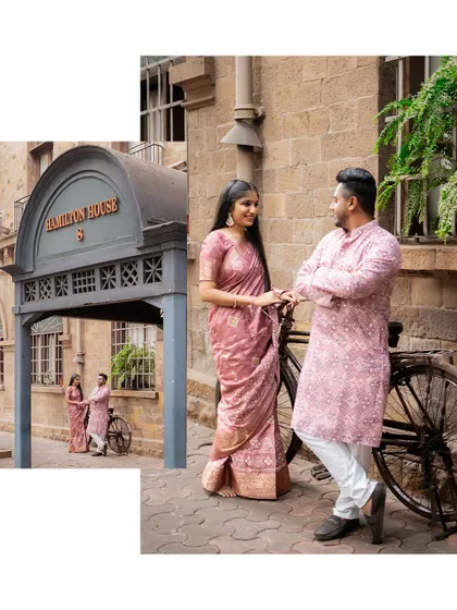 A pre-wedding collage set in a classic Mumbai location, with the couple posing near an old bicycle. It captures a vintage, romantic vibe.