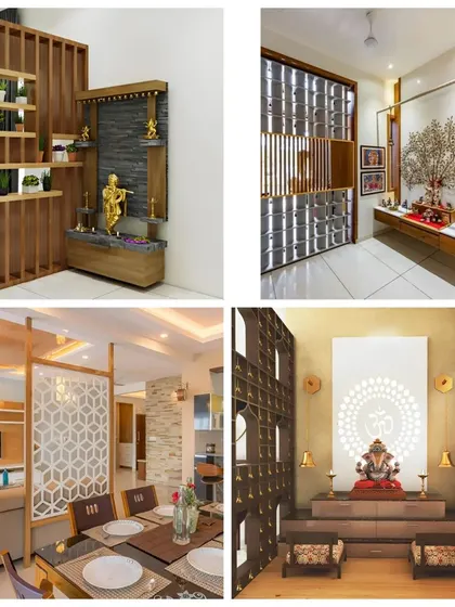 Here are some examples of how we integrate pooja spaces into the home's layout. We use partitions, corner nooks, and custom dividers to create dedicated and respectful areas for worship.