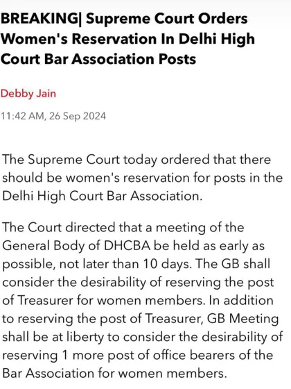 A landmark order by the Supreme Court for women's reservation in the Delhi High Court Bar Association posts. This is a huge step towards gender equality in the legal field.