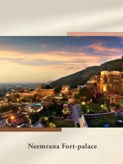 A stunning view of the Neemrana Fort-Palace at sunset, a truly magical destination for a royal wedding.