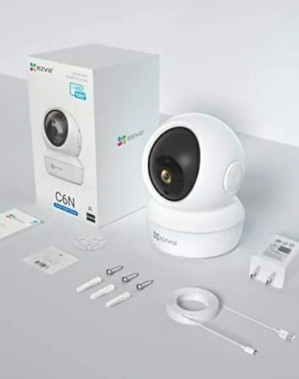 This is an example of a popular indoor camera, the EZVIZ C6N. It offers features like pan and tilt, smart tracking, and two-way audio, making it a great choice for home security or monitoring a small office.