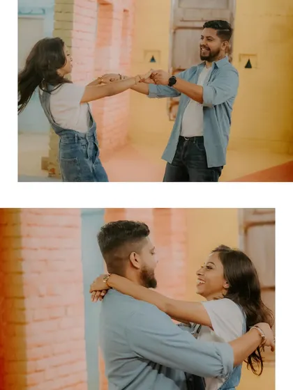 A collage of a couple's playful and fun moments during a casual pre-wedding shoot.
