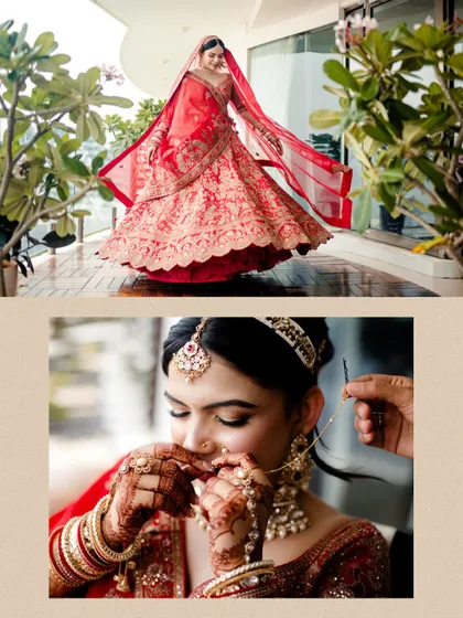 A collage showing the bride's playful twirl and a close-up of her getting her nath put on. We capture both the grand moments and the intricate details.