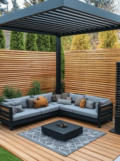For this backyard project, we constructed a minimalist black pergola over a wooden deck to create a defined outdoor living room. The space is furnished with a large, weatherproof sectional sofa and a central fire pit table, perfect for social gatherings.