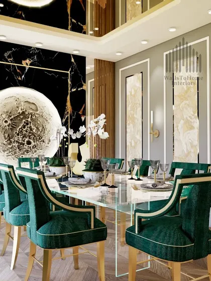 An ultra-luxurious dining room concept featuring emerald green velvet chairs, a glass table, and a dramatic black marble wall with a moon artwork. The mirrored ceiling reflects the opulence.