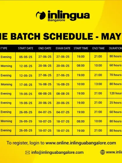 Explore our online batch schedule for May 2025. This schedule includes options for German, French, English Conversation, Spanish, and Japanese with detailed timings and fees.