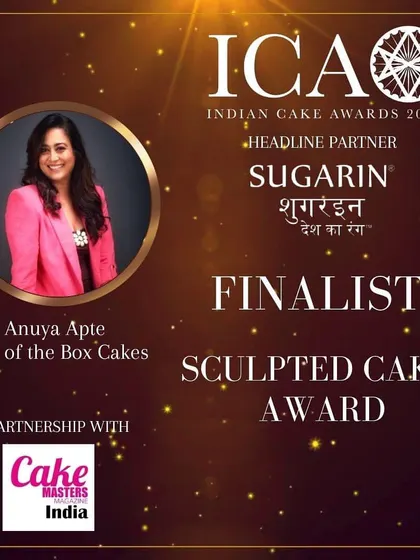 Anuya Apte is named a finalist for the Sculpted Cake Award at Indian Cake Awards 2023, with Out of the Box Cakes.