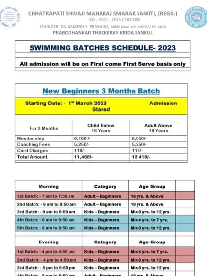 A look at our 2023 swimming batch schedule for new beginners. This document provides a breakdown of fees and timings for our 3-month courses for various age groups.