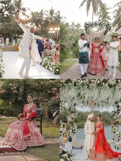 A collage capturing the energy of the wedding, from the groom's dance to the bride's entry.