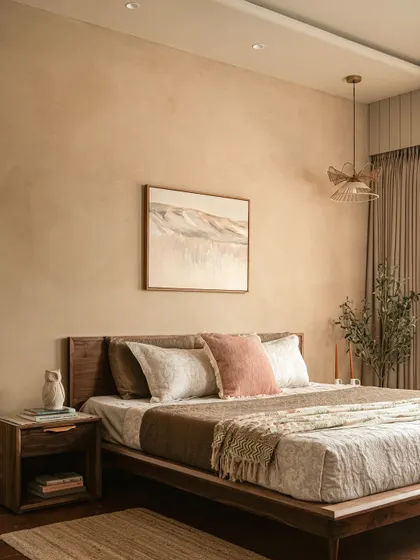 In this bedroom, the walls are treated with a textured lime-wash effect paint, creating a surface that breathes and plays with light. The low walnut bed and integrated nightstand enhance the room's organic, modern feel.