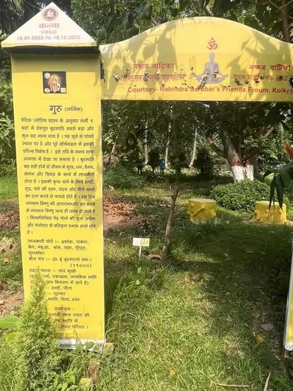 This image shows an informational plaque for 'Guru' (Jupiter) at the Nakshatra Vatika. It explains the characteristics of the planet and the specific plants associated with it, demonstrating the deep connection between astrology and nature.