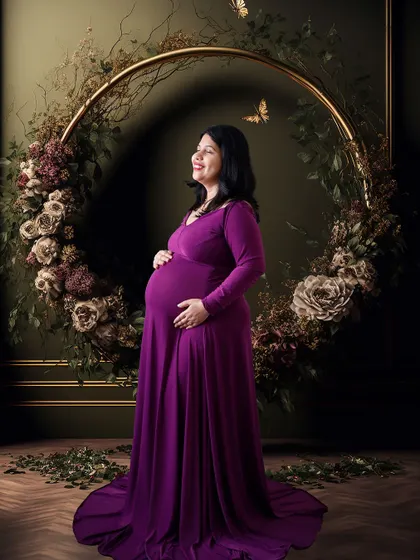 A regal portrait in a deep purple gown, set against our dark floral wreath backdrop. This combination creates a rich and luxurious feel.
