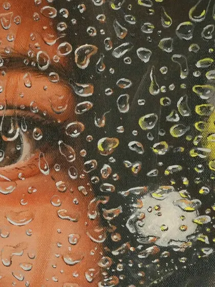 A macro view of the eye in the 'Dewdrops' portrait. The challenge here is to paint the illusion of a wet surface over the detailed portrait, making the eye appear both clear and partially obscured.