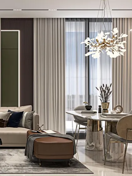 The living and dining space in our Pune project, where a stunning floral-inspired chandelier becomes the centerpiece. The design choices create an atmosphere of refined luxury.