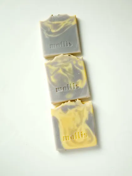 These are soap ends from a custom order, infused with alkanet root and turmeric and scented with lavender and patchouli. You can try them in a pack of three.