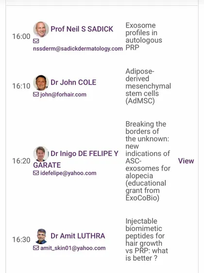 My talk on biomimetic peptides vs PRP for hair growth, scheduled alongside talks from other world-renowned experts in regenerative dermatology.