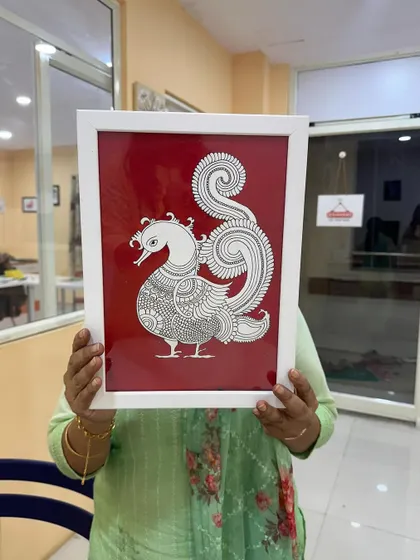 I was so proud of my student who created this beautiful Kalamkari peacock in one of my workshops. Seeing her hold the final, framed piece is what Art Voyage is all about.