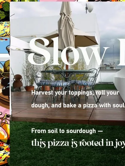 "From soil to sourdough, this pizza is rooted in joy." A poster highlighting the slow food aspect of our pizza making workshop.