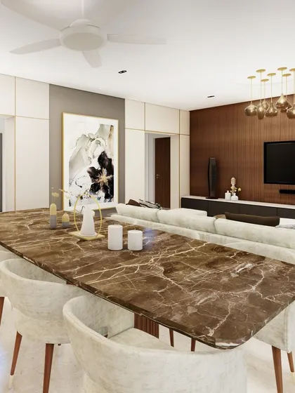 Our design process starts with a clear vision. This concept render shows how we plan the flow of a space, integrating the living and dining areas with features like a statement marble table and a custom bar unit to create a cohesive, modern home.