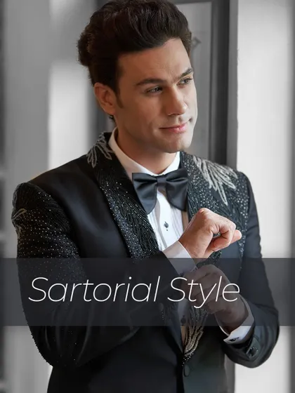 This is the essence of sartorial style. An embellished tuxedo jacket, perfectly tailored to create a powerful silhouette. It's a piece for the man who commands attention with quiet confidence and impeccable taste.