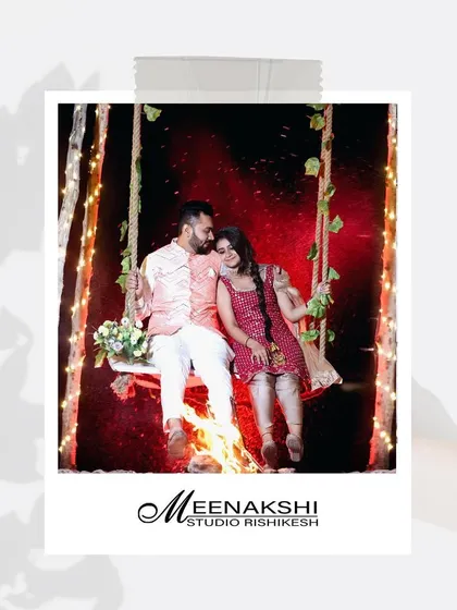 A cozy and romantic pre-wedding setup featuring a decorated swing and a bonfire. This polaroid-style image captures the warmth and intimacy of a planned, thematic shoot.