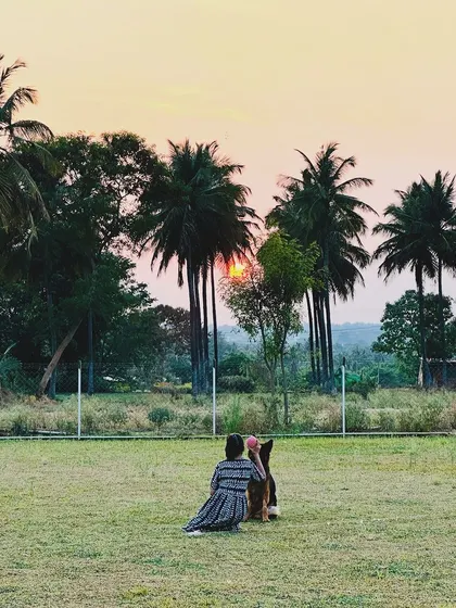 A pet parent sharing a quiet moment with her dog against the beautiful backdrop of our camp at sunset.