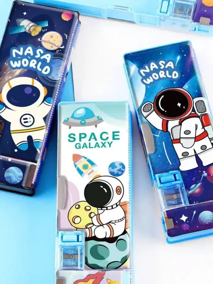 For the aspiring astronaut, I have these space-themed pencil boxes. They come with fun NASA and galaxy designs and have push-button compartments for easy access.