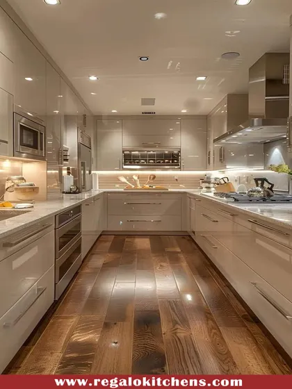 This U-shaped kitchen combines high-gloss cabinets with a warm wooden floor, creating a sophisticated and welcoming space. The layout is designed for an efficient workflow, with integrated appliances and ample lighting.
