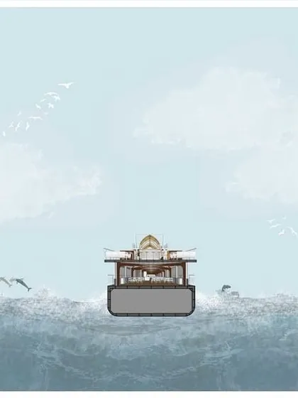 A sectional elevation drawing of the floating restaurant. This type of technical drawing helps us visualize the vessel's profile on the water and study the relationship between the interior spaces and the exterior form.